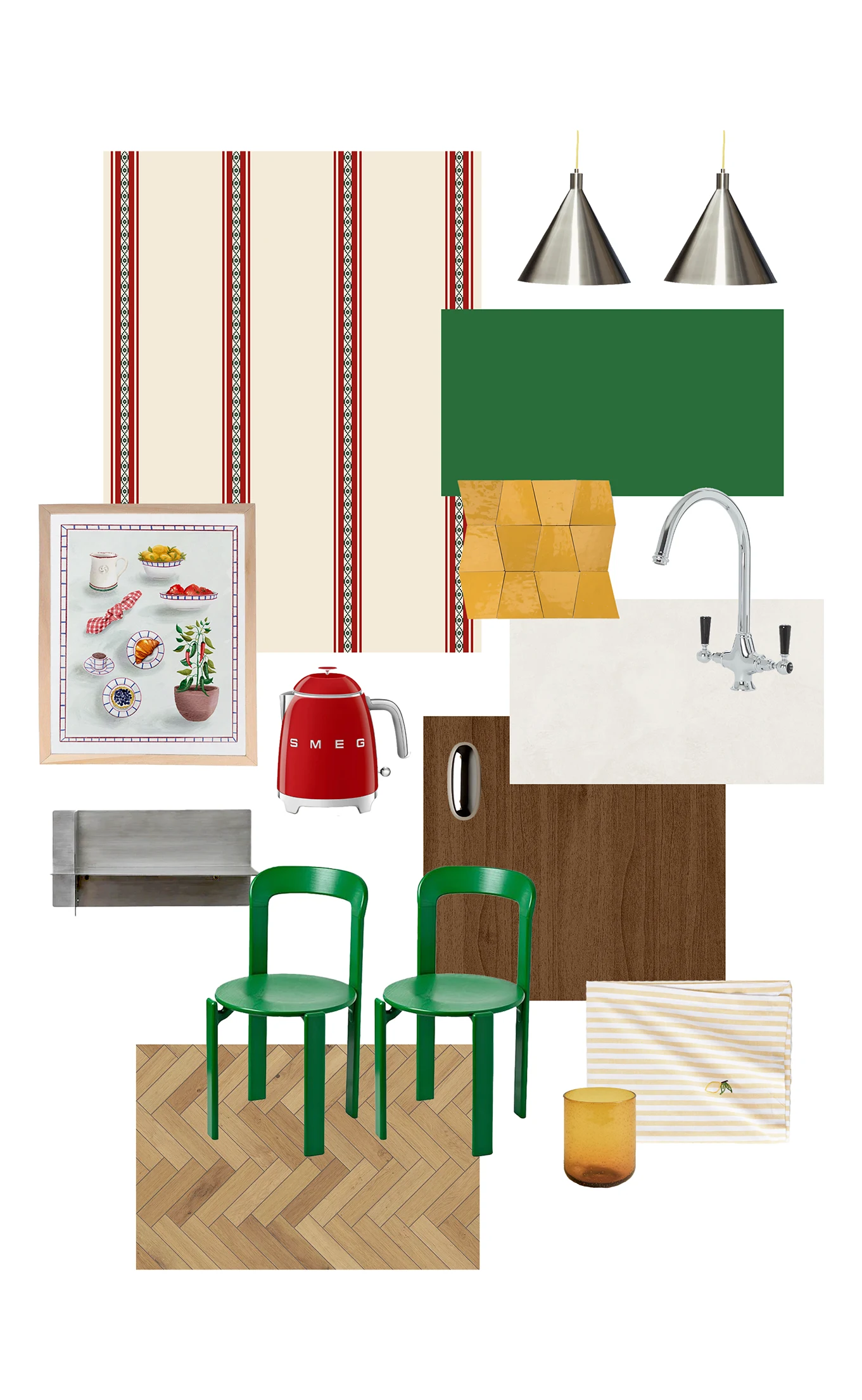 Moodboard d'une chambre dégageant une belle énergie avec le papier peint floral Milady dans une vert kaki et violet tendance associé à des touches de bleu ciel, ocre et rouge.