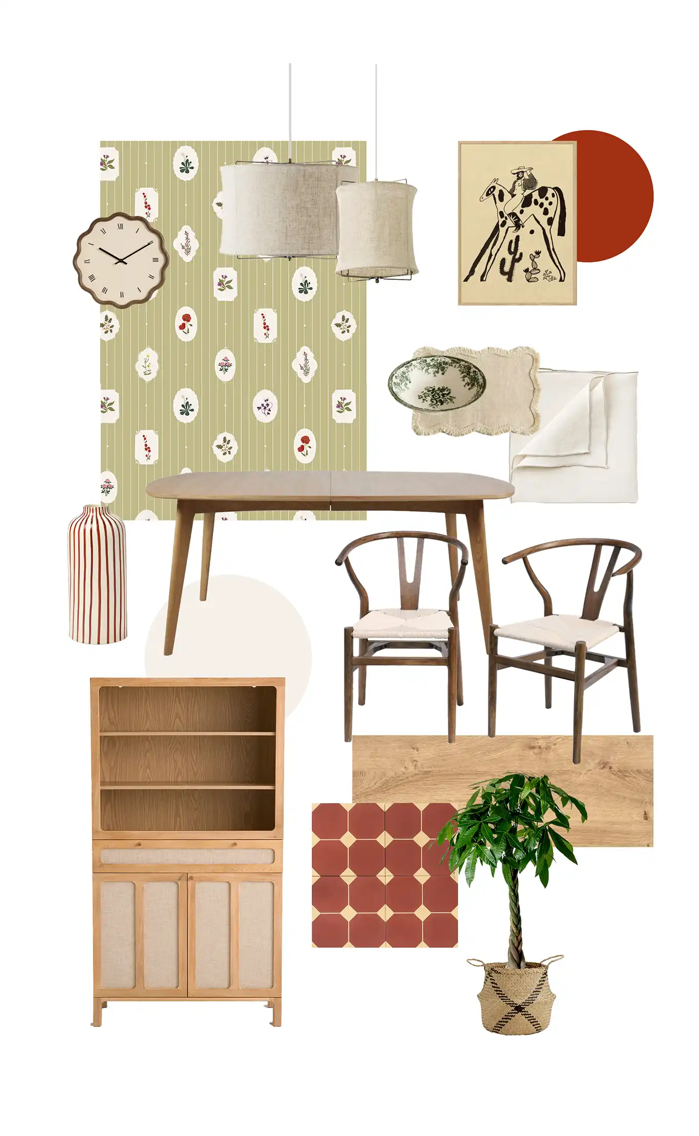 Moodboard d'une ambiance cottage moderne avec le papier peint Binaou dans un ton vert poire qui met en valeur les tons terracotta de la décoration.