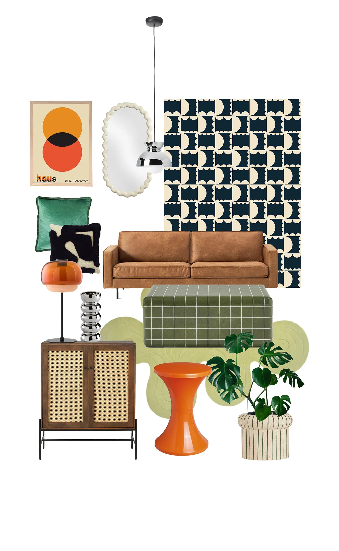 Moodboard d'une ambiance rétro années 70 avec le canapé en cuir, les touches de vert et orange, le tout souligné par un papier peint graphique noir et blanc Contis.