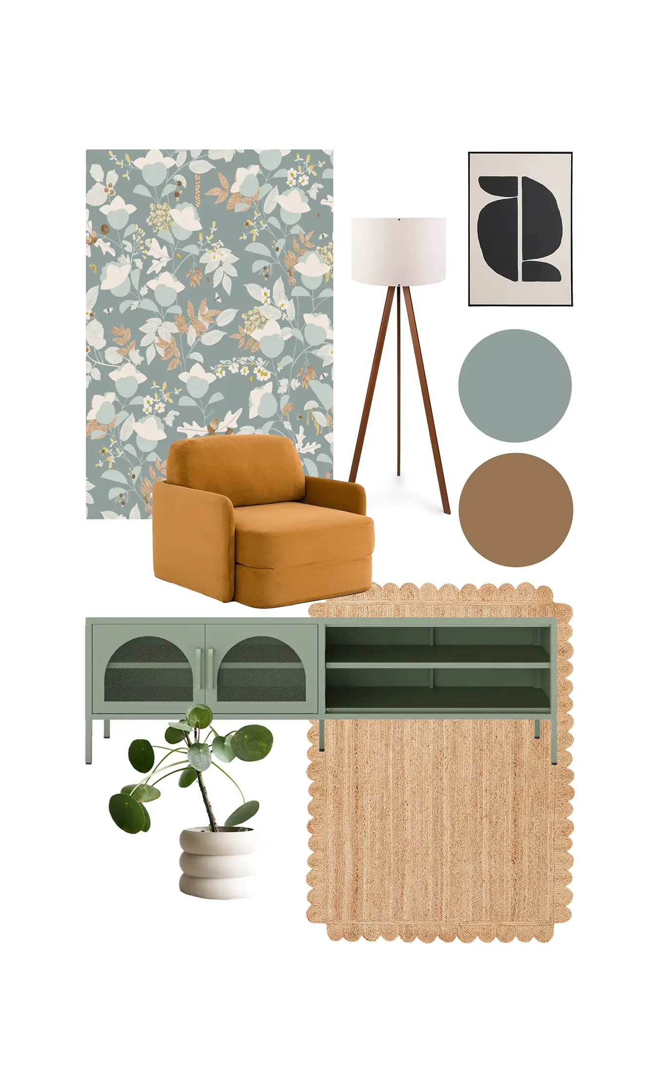 Moodboard déco autour du papier peint Marsan dans des tonse de bleus, céladon assortis à du bois et des matières naturelles.