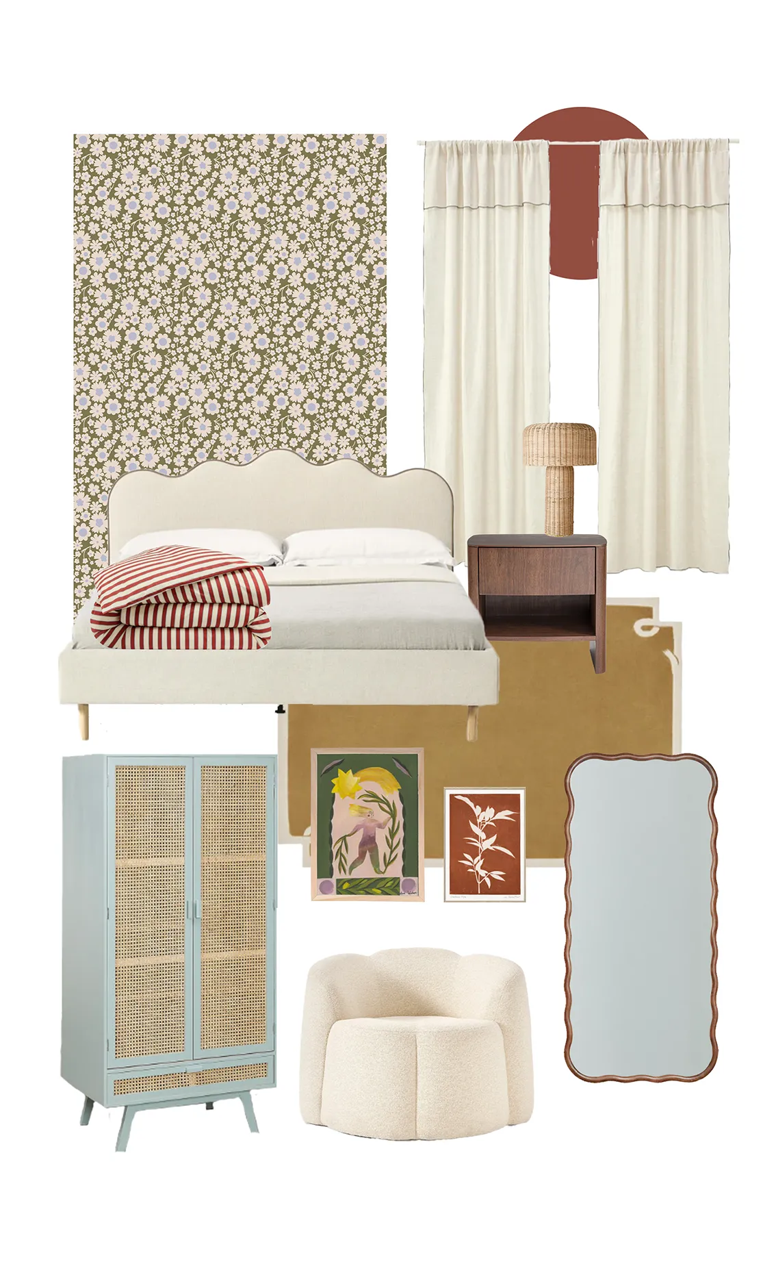 Moodboard d'une chambre dégageant une belle énergie avec le papier peint floral Milady dans une vert kaki et violet tendance associé à des touches de bleu ciel, ocre et rouge.