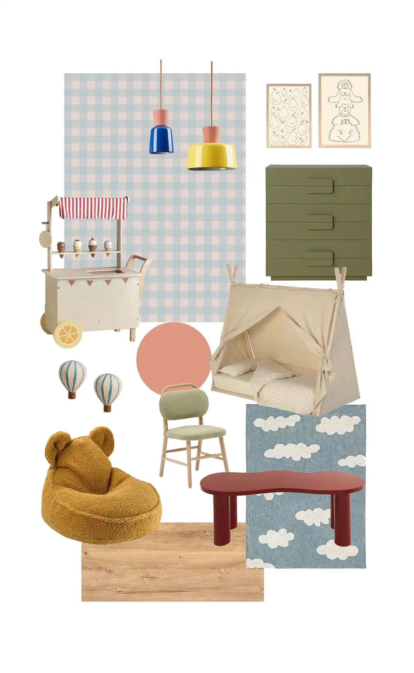 Moodboard d'une cambre d'enfant autour du papier peint vichy bleu avec du mobilier ludique et original associant de jolies couleurs comme le kaki, le rouge tomette et l'ocre.