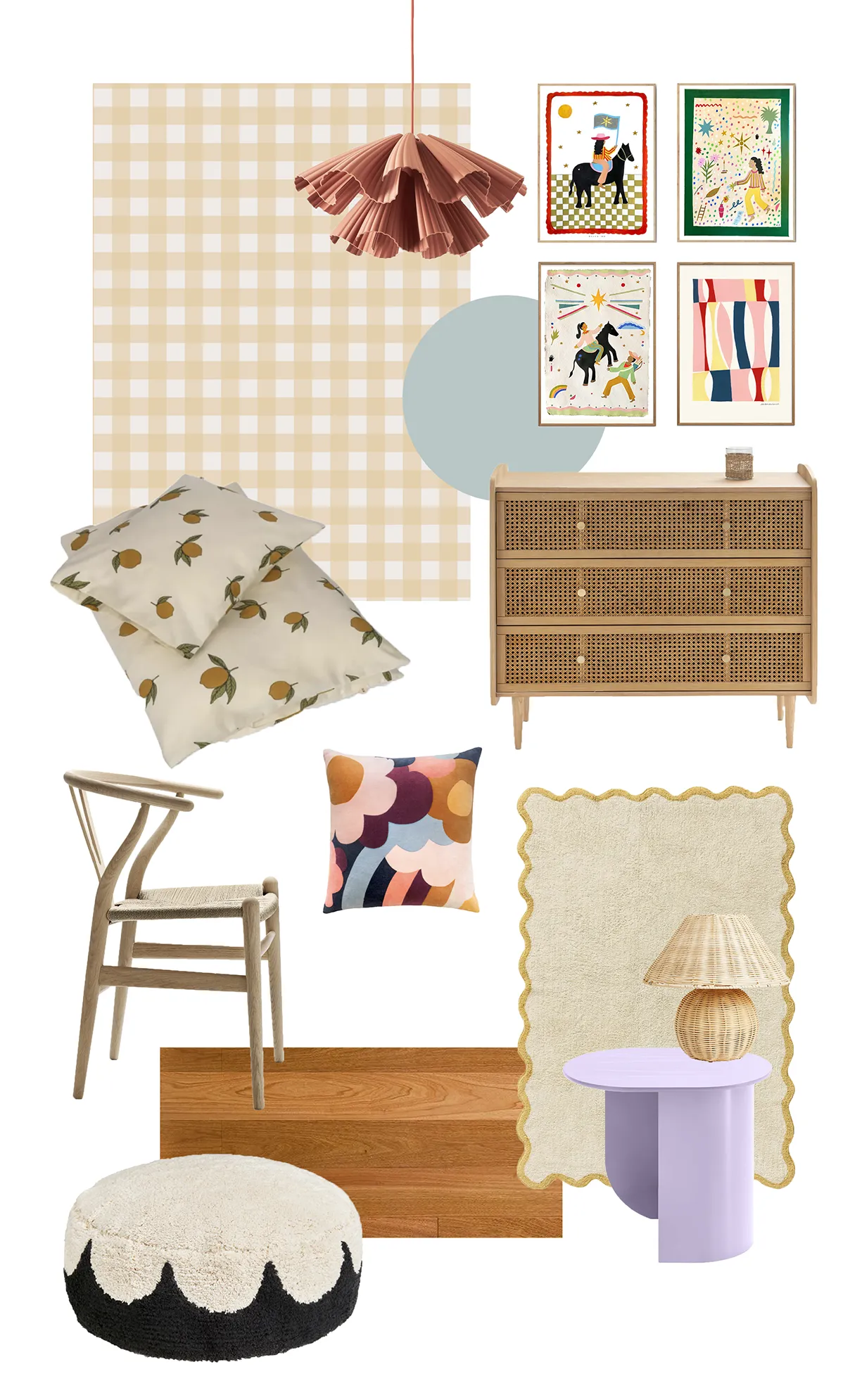 Moodboard d'une chambre de petite fille avec son papier peint vichy jaune rehaussé par des couleurs fraiches comme le violet et le bleu.
