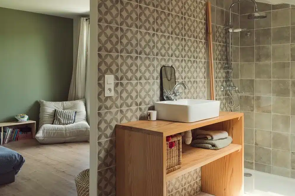 Salle de bain attenante à une chambre d'enfant aux murs peints en vert lichen.