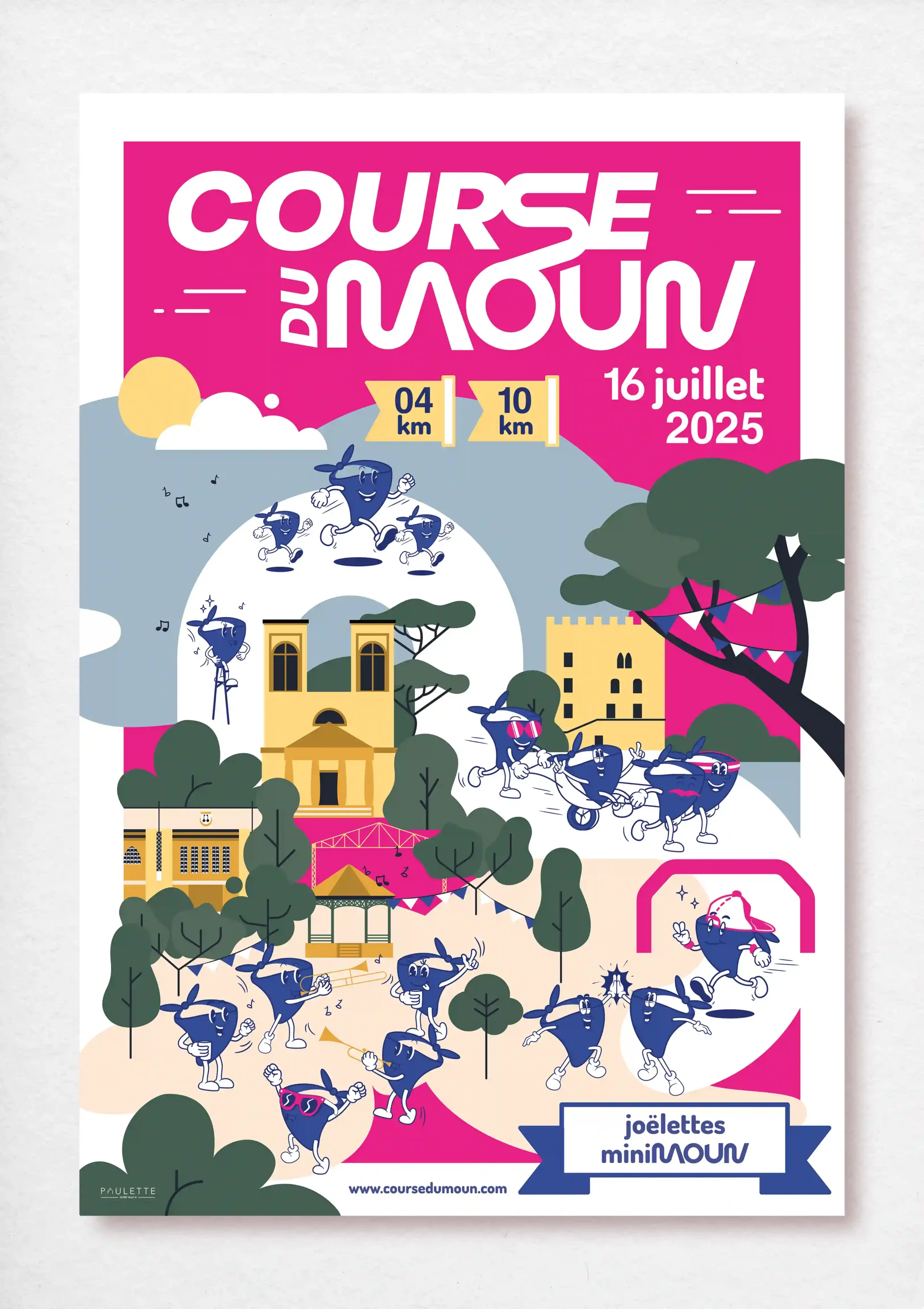 Affiche de la Course du Moun, course pédestre d'ouverture des Fêtes de la Madeleine à Mont-de-Marsan. L'affiche créée par le studio est colorée, inclusive et joyeuse avec une dominance de rose.