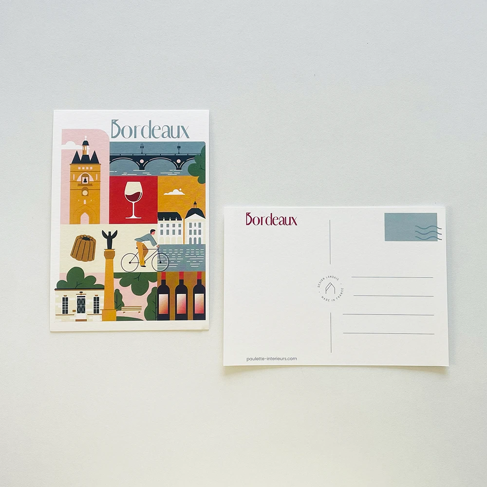 Carte postale réalisée pour l'Office du tourisme de Bordeaux. Ce support et design a été personnalisé et édité spécifiquement pour ce client sur une très beau papier épais.