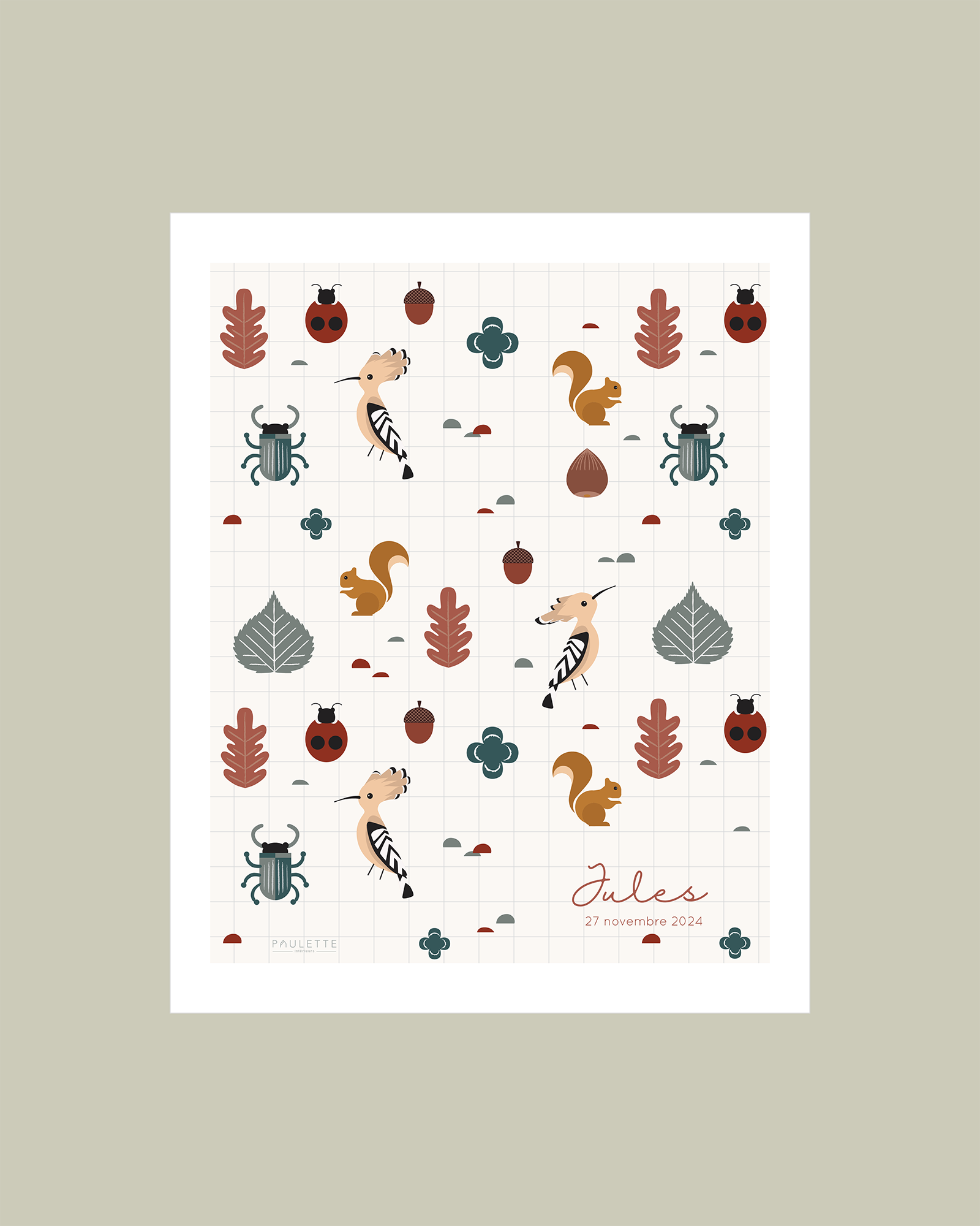 Affiche personnalisable animaux de la forêt idéal comme cadeau de naissance ou pour un petit enfant curieux et amoureux de la nature.