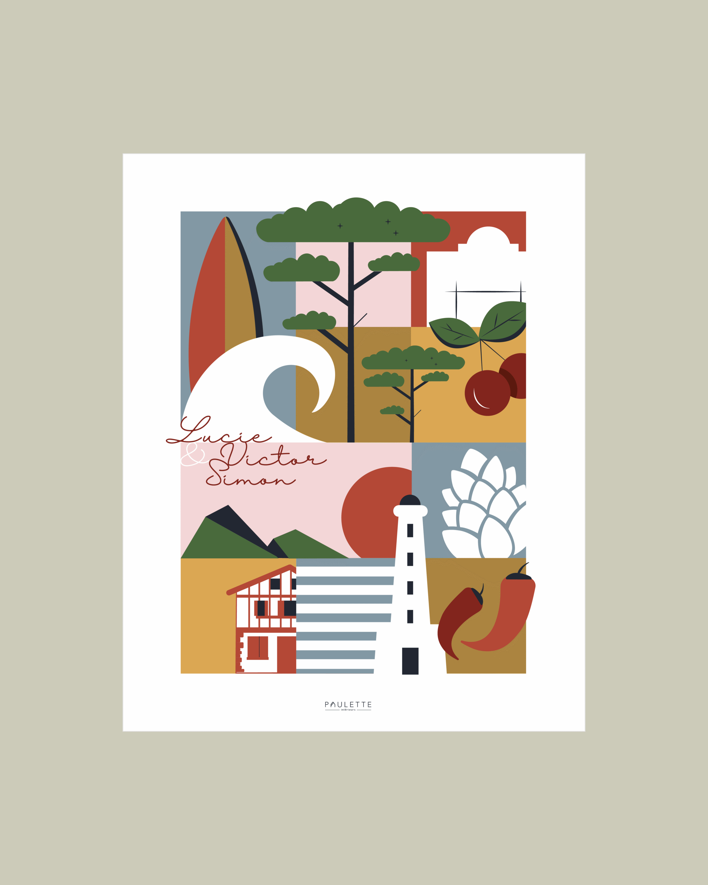 Affiche personnalisable Biarritz, très colorée et graphique, parfaite pour un cadeau sur-mesure.