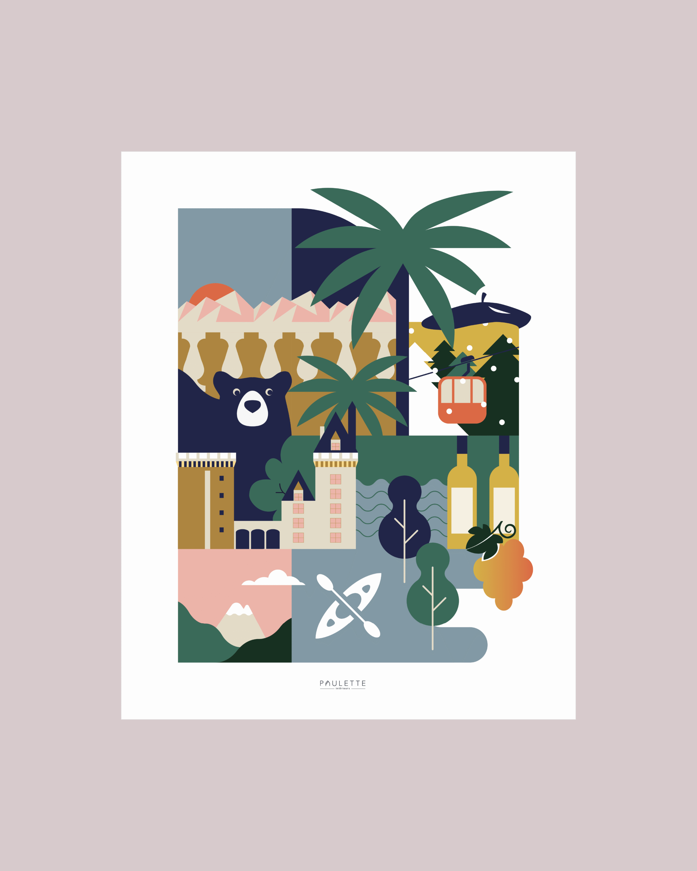 Affiche de la ville de Pau avec ses symboles emblématiques dans un style coloré.