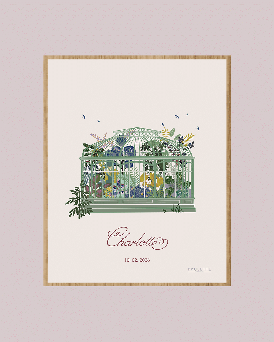 Affiche d'une serre et ses plantes luxuriantes sur un fond beige rosé et personnalisable avec le prénom de l'enfant.