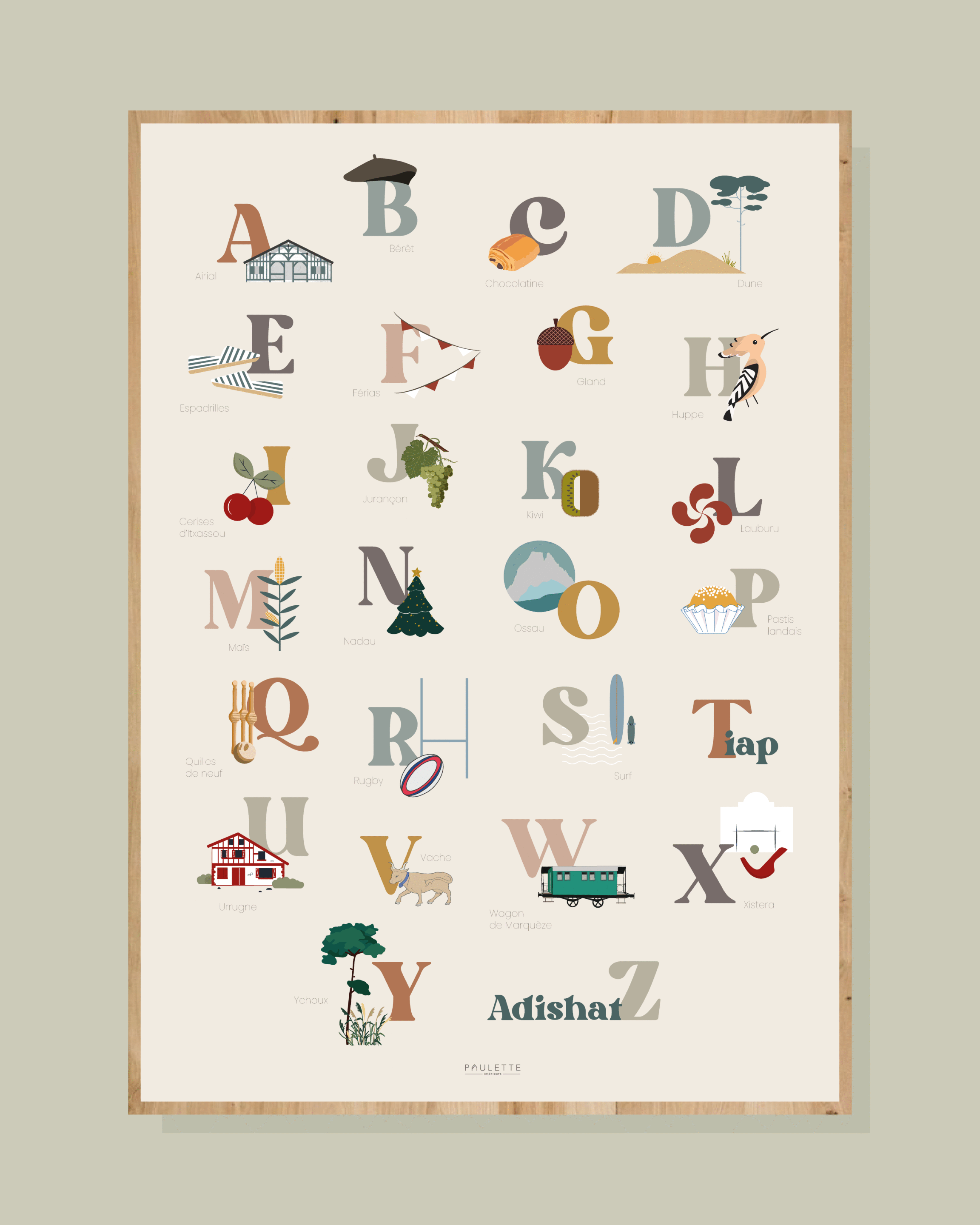 Affiche abécédaire personnalisable parfait pour un cadeau de naissance inspiré du Sud Ouest.