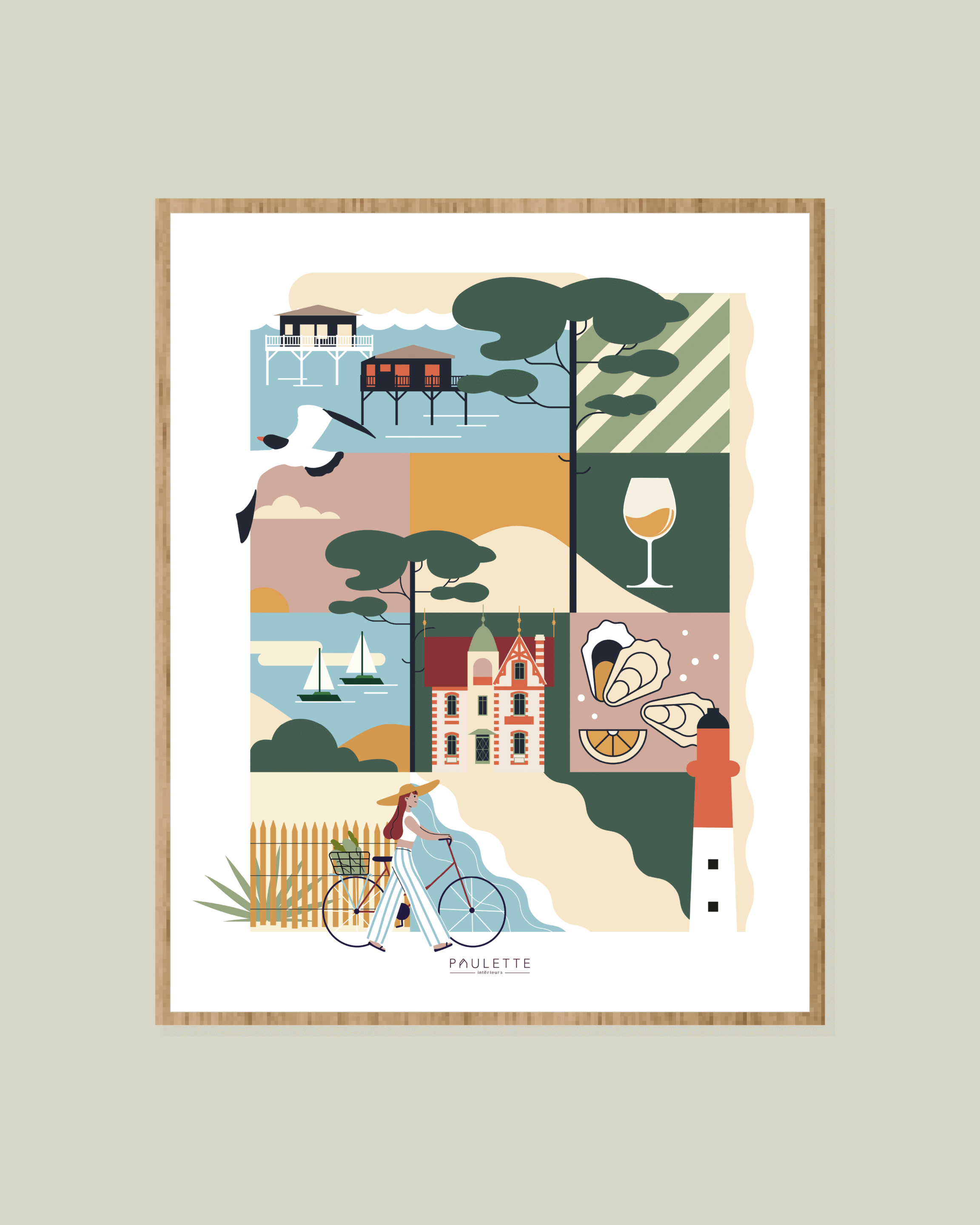 Affiche du bassin d'Arcachon dans un style coloré et graphique. Reprenant la dune du Pyla, les pin, le banc d'Arguin, le phare de Lège-Cap-Ferret.