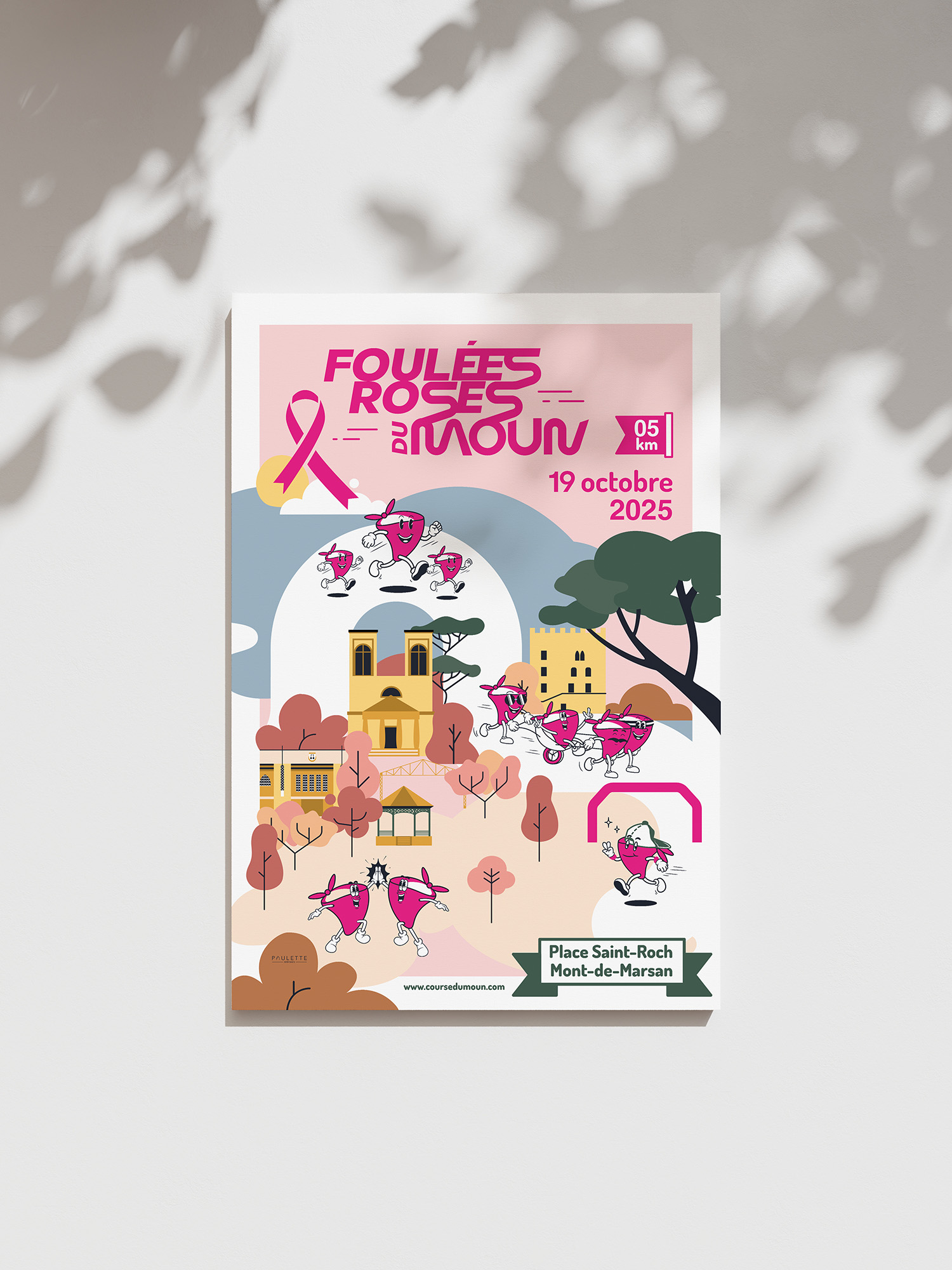 Affiche de la course pédestre pour octobre rose à Mont-de-Marsan. L'affiche créée par le studio est colorée, inclusive et joyeuse avec une dominance de rose.