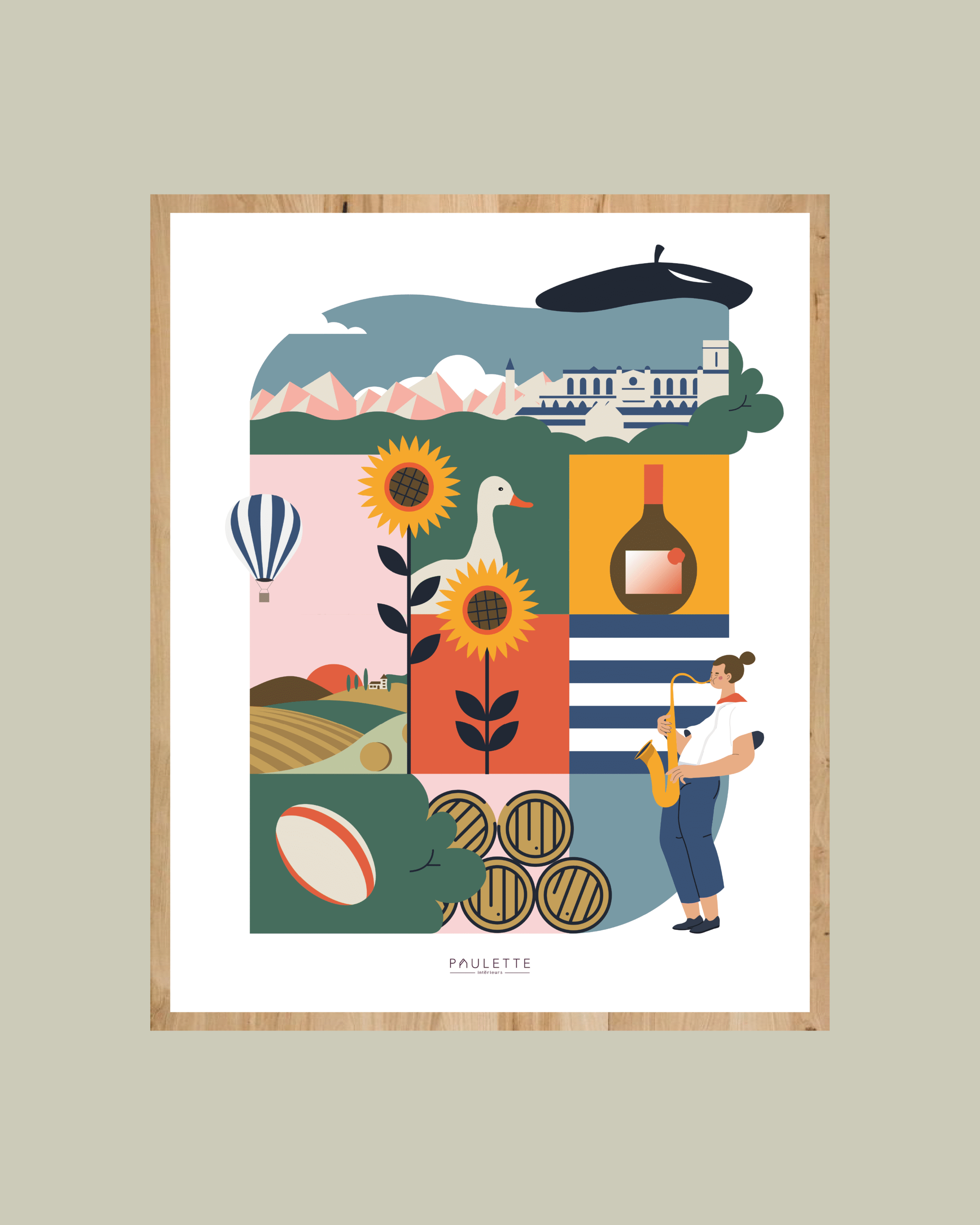 Affiche Gers colorée et graphique avec sa montgolfière, le canard, l'armagnac et le tournesol.