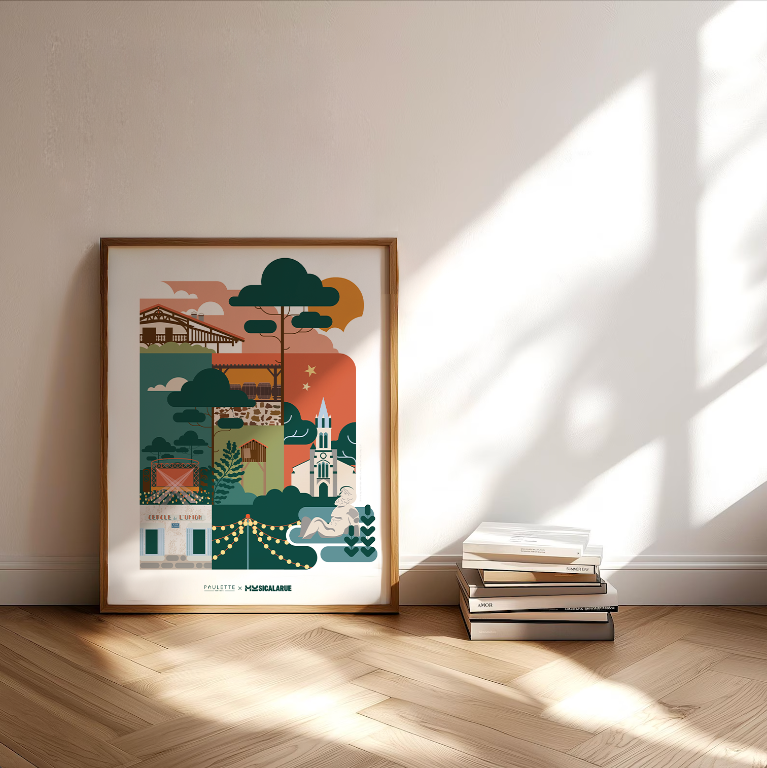 Affiche encadrée du village de Luxey dans un style coloré et graphique dans une ambiance festival de musique.