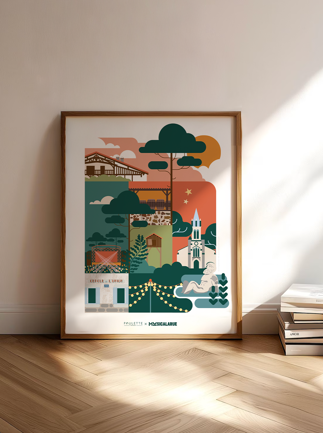 Affiche Musicalarue et Paulette intérieurs sur le thème du village de Luxey et du festival de musique dans un esprit coloré.