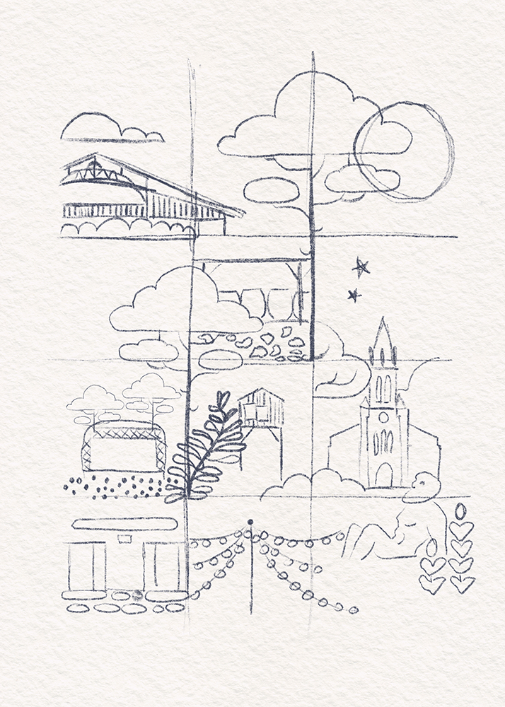 Croquis de l'affiche de Luxey dessiné au crayon sur papier.