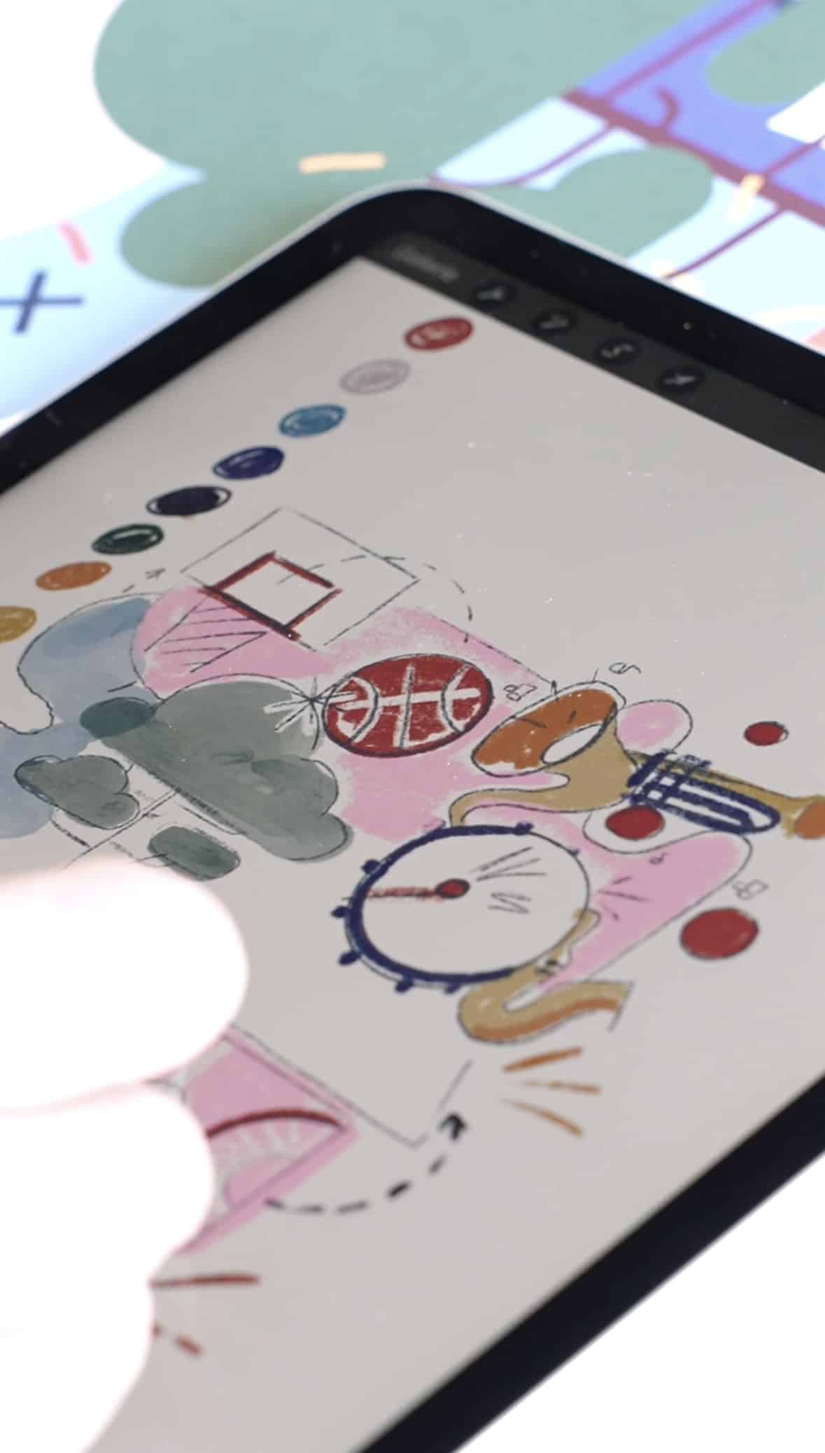 Croquis de l'affiche Basket Landes en train d'être dessinée sur tablette graphique.