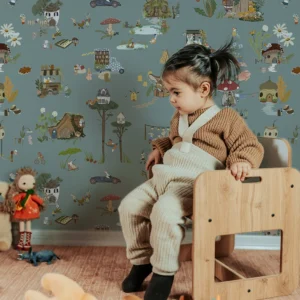 Papier peint animaux pour enfant avec ses petits personnages illustrée avec humour habitant dans des maisons champignons sur fond bleu baltique.