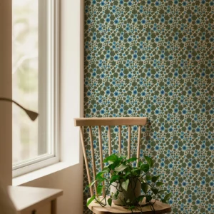 Papier peint floral au style rétro grâce à son vert algue et son bleu vibrant sur un fond bleu clair rafraîchissant.
