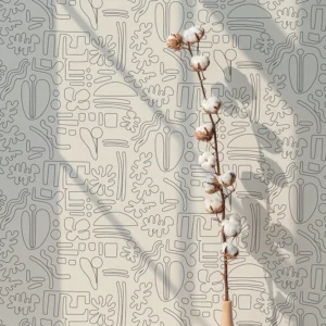 Papier peint graphique aux motifs minimalistes dessinés au trait noir fin sur fond blanc cassé