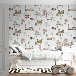 Papier peint style rétro avec ses saynètes de jeunes garçons avec voiture ancienne, vélos et arbres joliment dessinés.