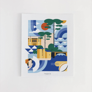 Affiche Mont-de-Marsan dans les tons de bleu, jaune avec des pins des Landes, ballon de rugby et de basket.