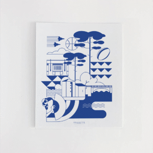 Affiche de la ville de Mont-de-Marsan avec ses monuments, avions militaires, rugby et basket dessinés en bleu klein.