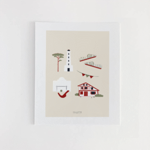 Affiche minimaliste du Pays-Basque avec sa maison typique, son fronton, le phare de Biarritz et les espadrilles sur fond beige.