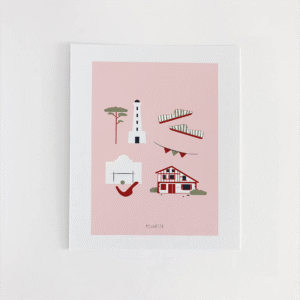 Affiche minimaliste du Pays-Basque avec sa maison typique, son fronton, le phare de Biarritz et les espadrilles sur fond rose.