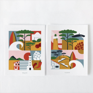 Duo d'affiches Pays Basque et Landes colorées et modernes aux symboles emblématiques de la région grand format.