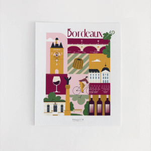 Affiche Bordeaux colorée et graphique dessinée et fabriquée dans les Landes avec éléments emblématiques de la ville de Bordeaux.