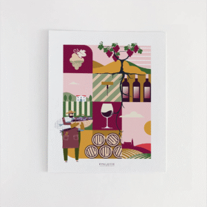 Affiche vin de Bordeaux colorée et moderne dans des tons de rose, jaune, vert et bordeaux.