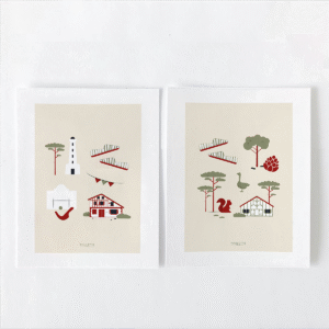 Duo d'affiches Landes et Pays Basque minimalistes au fond rose original pour une décoration authentique et moderne au fond beige.