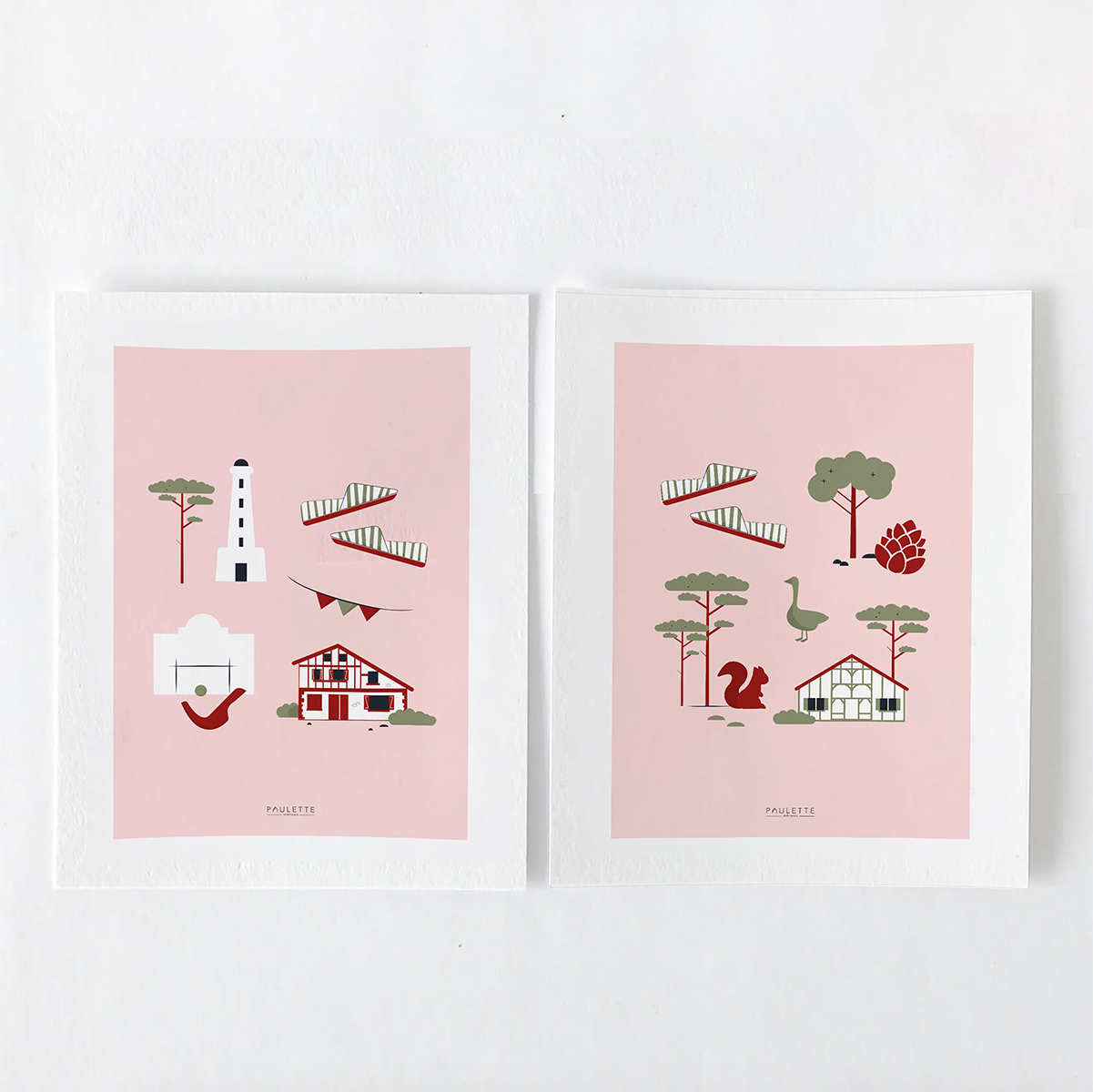 Duo d'affiches Pays Basque et Landes minimaliste aux symboles emblématiques de la région.