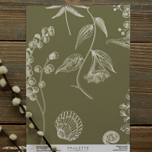 Echantillon A4 d'un motif végétal Arjuzanx sur fond vert pesto.