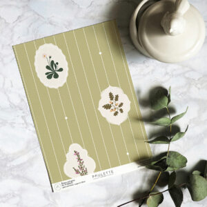 Echantillon du papier peint Binaou vert poire à rayures et fleurs