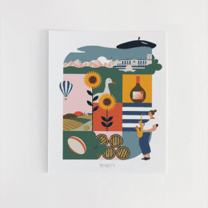 Affiche Gers colorée et graphique représentant la ville de Auch, les collines, les Pyrénées et une montgolfière.