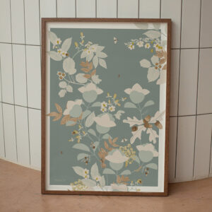 Affiche au motif végétal dans des tons de bleu céladon et brun, très poétique avec ses plantes qui semblent danser.