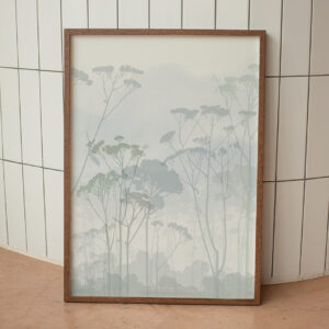 Affiche d'une forêt de pin des Landes dans une brume matinale dans une palette de verts et bleus.