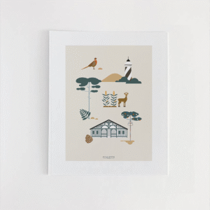 Affiche Saubrigues inspirée des Landes et de son folklore. Minimaliste et épurée dans des tons de vert bleutés.