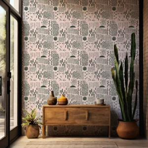 Papier peint écologique de motifs géométriques aborigènes dans les tons de rose et vert.