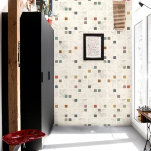 Papier peint éco-responsable au motif géométrique avec des carrés colorés.