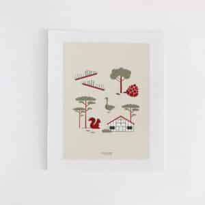 Affiche douce et minimaliste des Landes avec les symboles du département comme le pin, l'écureuil, les espadrilles, le tout sur fond beige.