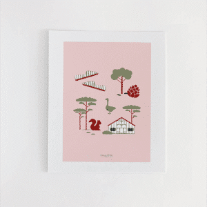 Affiche minimaliste et douce des Landes avec les symboles du département comme le pin, l'écureuil, les espadrilles, le tout sur fond rose.