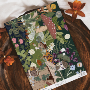 Echantillon du papier peint Bosc, panoramique pour chambre d'enfant d'un univers coloré, d'animaux et jolies plantes.