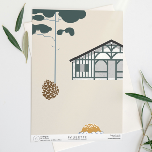 Echantillon A4 du papier peint Saubrigues représentant le folklors des Landes, aves l'océan, le surf, les pins.