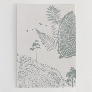 Affiche poétique et japonisante de coupe transversales de troncs d'arbres associés à des pins et des fougères aux tons bleu-vert sur fond gris.