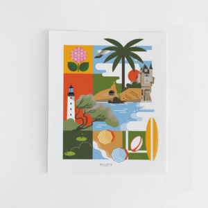 Affiche colorée de Biarritz avec le phare, le surf, le rugby et la villa Belza, symboles de la Côte Basque.