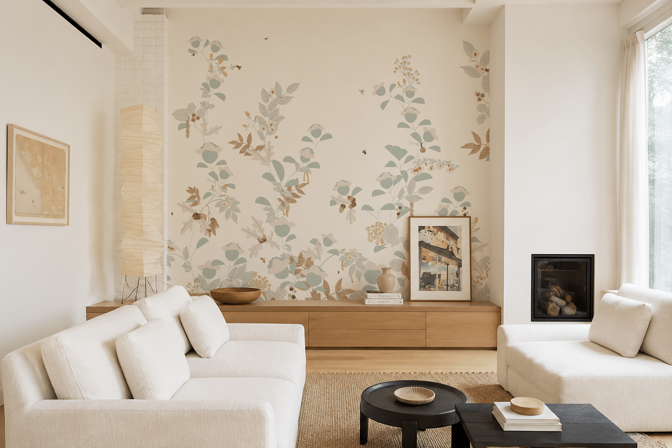 Panoramique de belles plantes grimpantes dans une salon moderne. Sur un fond blanc, les végétaux montent vers le plafond pour agrandir l'espace.
